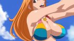 Rule 34 | 1girl, animated, ass, bikini, breasts, cleavage, curvy, large breasts, long hair, nami (one piece), one piece, one piece special: glorious island, orange hair, shiny skin, shoulder tattoo, sitting, sky, swimming, swimsuit, tattoo, underwater, video, water