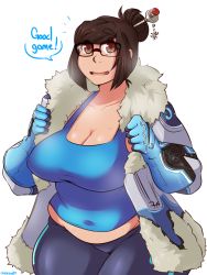Rule 34 | 1girl, bad id, bad tumblr id, beads, belly, breasts, brown eyes, brown hair, chikkibug, cleavage, coat, curvy, glasses, gloves, hair bun, hair ornament, hair stick, highres, huge breasts, looking at viewer, mei (overwatch), open clothes, open coat, overwatch, overwatch 1, plump, short hair, simple background, single hair bun, smile, solo, sweat, tank top, thick thighs, thighs, white background, wide hips