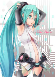 Rule 34 | 1girl, aqua eyes, aqua hair, armpits, arms up, breasts, character name, cowboy shot, elbow gloves, gloves, hair between eyes, hatsune miku, hatsune miku (append), highres, long hair, looking at viewer, miu (angelo whitechoc), navel, open clothes, open mouth, small breasts, solo, thighhighs, very long hair, vocaloid, vocaloid append