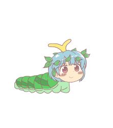 Rule 34 | 1girl, anonymous (japanese), antennae, aqua hair, blush, brown eyes, caterpillar, closed mouth, eternity larva, gyate gyate, human head, jaggy lines, leaf, leaf on head, short hair, smile, solo, too literal, touhou, transparent background