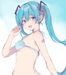 Rule 34 | 1girl, :d, absurdres, bare arms, bare shoulders, bikini, blue eyes, blue hair, blue nails, blush, breasts, commentary request, from side, hair between eyes, hand up, hatsune miku, heremia, highres, long hair, nail polish, open mouth, small breasts, smile, solo, striped bikini, striped clothes, swimsuit, twintails, very long hair, vocaloid