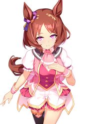 Rule 34 | 1girl, absurdres, animal ears, ascot, black thighhighs, brown hair, flower in eye, frilled shorts, frilled sleeves, frills, highres, horse ears, horse girl, horse tail, looking at viewer, pink ascot, puffy short sleeves, puffy sleeves, sailor collar, sakura laurel (umamusume), short hair, short sleeves, shorts, simple background, single thighhigh, smile, solo, sunny (20597521), symbol in eye, tail, thighhighs, umamusume, white background, white shorts