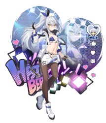 Rule 34 | 1girl, belt, belt pouch, black choker, black gloves, breasts, choker, counter:side, cropped jacket, finger heart, full body, gaeun (counter:side), gloves, glowstick, grey hair, gun, handgun, heart, high belt, highres, holding, holding gun, holding weapon, jacket, long hair, looking at viewer, navel, official art, open clothes, open jacket, pantyhose, partially fingerless gloves, ponytail, pouch, second-party source, skirt, small breasts, solo focus, stage lights, standing, stomach, transparent background, trigger discipline, utility belt, weapon, white belt, white footwear, white jacket, white skirt, yellow eyes, zipper