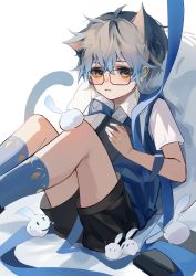Rule 34 | 1boy, 5others, aged down, aluhzora, bishounen, black shorts, blue socks, book, cat boy, closed mouth, commentary request, feet out of frame, glasses, grey hair, highres, holding, holding book, ike eveland, looking at viewer, male focus, multicolored hair, multiple others, nijisanji, nijisanji en, short hair, short sleeves, shorts, simple background, sitting, socks, solo, virtual youtuber, white background, yellow eyes