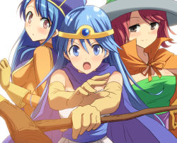 Rule 34 | 3girls, blue eyes, blue hair, blush, bodysuit, brown eyes, cape, circlet, dragon quest, dragon quest iii, elbow gloves, gloves, hat, hyakuen raitaa, light smile, long hair, looking at viewer, mage (dq3), multiple girls, priest (dq3), red hair, sage (dq3), square enix, staff, white background, witch hat