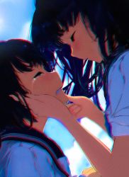 Rule 34 | 2girls, absurdres, bad id, bad pixiv id, black hair, black sailor collar, chromatic aberration, closed eyes, commentary, crying, english commentary, from side, gerar dc, hand on another&#039;s cheek, hand on another&#039;s face, highres, long hair, multiple girls, original, outdoors, sailor collar, school uniform, serafuku, summer, tears, teeth, upper body