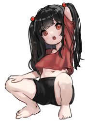 Rule 34 | 1girl, arm behind head, arm up, barefoot, bike shorts, black shorts, child, comodomodo, feet, hair bobbles, hair ornament, hand in own hair, long hair, looking at viewer, midriff, navel, open mouth, original, red eyes, red shirt, shirt, shorts, solo, squatting, thighs, toes