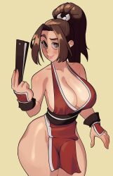 Rule 34 | 1girl, bare shoulders, breasts, brown eyes, brown hair, cleavage, collarbone, curvy, dairenke, facing viewer, fan, highres, huge breasts, looking at viewer, ponytail, raised eyebrow, shiranui mai, simple background, smile, solo, the king of fighters, thick thighs, thighs, wide hips, yellow background