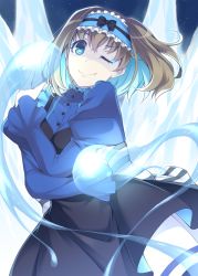 Rule 34 | 10s, 1girl, ;), blue eyes, blue hair, bow, brown hair, colored inner hair, dress, fang, fang out, garie tuman, hairband, highres, ice, itoichi., long sleeves, matching hair/eyes, multicolored hair, one eye closed, pale skin, puffy sleeves, senki zesshou symphogear, short hair, sky, smile, solo, star (sky), starry sky, water