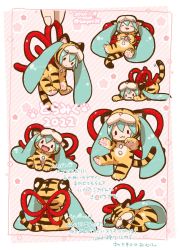 Rule 34 | 1girl, 2022, :3, :d, animal costume, animal ears, animal hands, animal print, aqua hair, blush stickers, chibi, chinese zodiac, curled up, fangs, from behind, hatsune miku, long hair, lying, multiple views, on back, open mouth, orange fur, paw print, pink background, red ribbon, ribbon, sanpati, sleeping, smile, solid oval eyes, striped fur, tail, tiger costume, tiger ears, tiger paws, tiger print, tiger tail, translation request, twintails, very long hair, vocaloid, year of the tiger