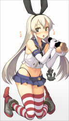 Rule 34 | 10s, 1girl, anchor, anchor hair ornament, black eyes, black panties, blonde hair, blush, caressing testicles, disembodied penis, elbow gloves, gloves, hair ornament, hairband, heart, kantai collection, long hair, navel, panties, penis, personification, saliva, saliva trail, shimakaze (kancolle), skirt, sleeveless, solo, striped clothes, striped thighhighs, testicles, thighhighs, tongue, tongue out, translated, underwear, whale tail (clothing), white gloves, yn red, zettai ryouiki
