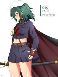 Rule 34 | 1girl, alternate costume, belt, blue sailor collar, blue skirt, blush, breast pocket, breasts, brown gloves, cape, character name, closed mouth, eyepatch, fingerless gloves, from side, gloves, green eyes, green hair, hat, highres, holding, holding sheath, holding sword, holding weapon, kantai collection, kiso (kancolle), kiso kai ni (kancolle), long sleeves, medium breasts, medium hair, midriff, navel, pleated skirt, pocket, profile, red neckwear, sailor collar, school uniform, sebunsu, serafuku, sheath, sheathed, simple background, skirt, solo, sword, weapon, white background, white hat