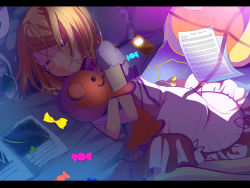 Rule 34 | 1girl, book, candy, digital media player, earphones, closed eyes, kagamine rin, letterboxed, lying, on side, open book, pillow, sheet music, smile, solo, stuffed animal, stuffed toy, temari (deae), vocaloid