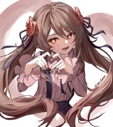Rule 34 | 1girl, absurdres, black nails, blush, brown hair, flower, flower-shaped pupils, genshin impact, hair between eyes, hair flower, hair ornament, hair ribbon, heart, heart hands, highres, hu tao (genshin impact), long hair, long sleeves, looking at viewer, open mouth, red eyes, ribbon, skirt, solo, suspender skirt, suspenders, symbol-shaped pupils, tongue, tongue out, twintails, twitter username, una kamra, upper body