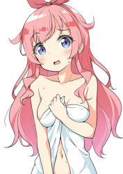 Rule 34 | 1girl, bare arms, blue eyes, blush, bow, breasts, collarbone, covering privates, flipped hair, hair bow, hairband, hand up, holding, holding towel, kiratto pri chan, long hair, looking at viewer, medium breasts, momoyama mirai, naked towel, navel, nude cover, open mouth, pink hair, pretty series, red hairband, sainyan (strong7), simple background, smile, solo, swept bangs, towel, upper body, wavy hair, wet, white background, white towel