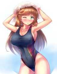 Rule 34 | 10s, 1girl, armpits, black one-piece swimsuit, brown hair, clarisse (granblue fantasy), competition swimsuit, cowboy shot, covered erect nipples, granblue fantasy, green eyes, long hair, one-piece swimsuit, one eye closed, simple background, solo, stir255, swimsuit, towel, towel on head, wet, wet clothes, wet swimsuit, white background