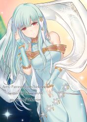 Rule 34 | 1girl, bare shoulders, blue hair, cape, dress, fire emblem, fire emblem: the blazing blade, fire emblem heroes, hair ornament, long hair, looking at viewer, ninian, nintendo, red eyes, smile, solo