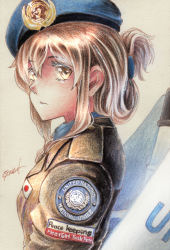 Rule 34 | alternate costume, beret, blue hat, brown eyes, brown hair, closed mouth, expressionless, folded ponytail, from side, hair between eyes, hair ornament, hairclip, hat, highres, inazuma (kancolle), jacket, japanese flag, kantai collection, long hair, looking at viewer, military, military uniform, millipen (medium), pocket, sidelocks, signature, solo, tesun (g noh), traditional media, uniform, united nations, upper body, watercolor pencil (medium)