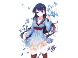 Rule 34 | 1girl, blue eyes, blue hair, breasts, bug, butterfly, caidychen, cleavage, dress, female focus, bug, jewelry, long hair, matching hair/eyes, necklace, original, solo, thighhighs, white theme