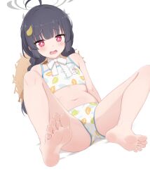 Rule 34 | 1girl, barefoot, black hair, blue archive, blush, feet, hat, highres, long hair, looking at viewer, miyu (blue archive), miyu (swimsuit) (blue archive), navel, open mouth, pinkiuzu, red eyes, soles, straw hat, swimsuit, toes