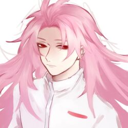 Rule 34 | 1boy, chinese commentary, closed mouth, commentary request, hatsutori hajime, kc-rk sl, long hair, looking at viewer, male focus, parted bangs, pink hair, portrait, red eyes, saibou shinkyoku, shaded face, shirt, simple background, solo, white background, white shirt