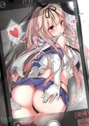 Rule 34 | 1girl, ass, ass grab, black panties, black ribbon, blonde hair, cellphone, cosplay, crop top, elbow gloves, from behind, giraffe (ilconte), gloves, grabbing own ass, hair ornament, hair ribbon, hairband, hairclip, heart, highleg, highleg panties, highres, kantai collection, long hair, looking at viewer, looking back, midriff, open mouth, panties, phone, red eyes, ribbon, scarf, shimakaze (kancolle), shimakaze (kancolle) (cosplay), smartphone, solo, spoken heart, taking picture, thighhighs, underwear, white gloves, white scarf, yuudachi (kancolle), yuudachi kai ni (kancolle)