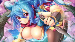 Rule 34 | 1girl, armor, ass, black pantyhose, black thighhighs, blue hair, blush, breasts, cherry blossoms, cleavage, female focus, highres, japanese armor, japanese clothes, kimono, kote, kunai, large breasts, long hair, looking at viewer, mountain, ninja, ninja (ragnarok online), ooyama kina, open mouth, panties, pantyhose, petals, purple eyes, purple panties, ragnarok online, red eyes, reverse grip, sandals, short kimono, sky, solo, thighhighs, tree, underwear, watermark, weapon, web address