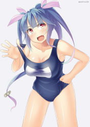 Rule 34 | 10s, 1girl, bad id, bad pixiv id, blue hair, blush, breasts, fang, grey background, hair ribbon, hand on own hip, i-19 (kancolle), kankitsunabe (citrus), kantai collection, large breasts, long hair, looking at viewer, one-piece swimsuit, red eyes, ribbon, school swimsuit, solo, swimsuit, symbol-shaped pupils, twintails, twitter username