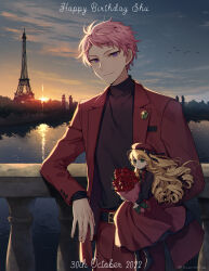 Rule 34 | 1boy, belt, bird, black belt, black shirt, bouquet, cowboy shot, dated, doll, eiffel tower, ensemble stars!, flower, happy birthday, highres, holding, holding bouquet, holding doll, itsuki shu, jacket, kaminokefusa, lake, lapel pin, lapels, looking at viewer, mademoiselle (ensemble stars!), male focus, notched lapels, open clothes, open jacket, pants, paris, pink hair, purple eyes, railing, red flower, red jacket, red pants, red rose, rose, shirt, short hair, smile, solo, sunset, tree, turtleneck