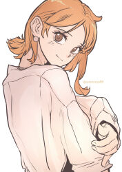 Rule 34 | 1girl, aosora2823, blush, earrings, head tilt, highres, jewelry, long sleeves, looking at viewer, looking back, nami (one piece), one piece, orange hair, oversized clothes, oversized shirt, shirt, simple background, smile, solo, twitter username, upper body, white background, white shirt