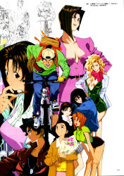 Rule 34 | 1990s (style), 1996, 1boy, 6+girls, absurdres, angry, backpack, bag, baseball cap, belt, bent over, bicycle, black hair, blonde hair, blouse, bouquet, braid, breasts, breasts apart, brown hair, carrying, chie (golden boy), cleavage, coat, dog tags, everyone, eyeshadow, fanny pack, flower, golden boy, hairband, hand on own hip, hat, hayami ayuko, highres, hip focus, jewelry, kanzaki yuka, katsuda naoko, kawamoto toshihiro, large breasts, leaning forward, lipstick, long hair, makeup, medium breasts, miniskirt, multiple girls, nail polish, necklace, no bra, noriko (golden boy), onna producer, onna shachou, ooe kintarou, open clothes, open mouth, open shirt, orange hair, paintbrush, ponytail, randoseru, red hair, retro artstyle, scan, scarf, shirt, shoes, short hair, simple background, skirt, smile, sneakers, standing, suspenders, sweat, sweater, tagme, terayama reiko, twin braids, wavy hair, white background