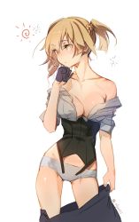 Rule 34 | 1girl, black gloves, blonde hair, blush, braid, breasts, cleavage, closed mouth, clothes pull, collarbone, commentary request, corset, eyes visible through hair, facing viewer, girls&#039; frontline, gloves, green eyes, groin, half gloves, hand up, holding, holding clothes, holding skirt, looking away, medium breasts, miniskirt, no bra, off shoulder, olys, panties, shirt, short hair, sidelocks, simple background, sketch, skirt, sleeves rolled up, solo, standing, thighs, twintails, twitter username, underwear, welrod mkii (girls&#039; frontline), white background, white panties