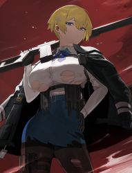 Rule 34 | 1girl, absurdres, belt, black gloves, black jacket, black pantyhose, blonde hair, blue belt, blue eyes, blue ribbon, blue skirt, breasts, collared shirt, commentary, cowboy shot, girls&#039; frontline, gloves, gun, hair between eyes, hair ornament, hand on own hip, highres, holding, holding gun, holding weapon, hood (james x), id card, jacket, jacket on shoulders, large breasts, long sleeves, looking at viewer, magazine (weapon), mole, mole under eye, neck ribbon, over shoulder, pantyhose, pouch, red background, ribbon, rifle, shirt, shirt tucked in, short hair, sidelocks, skindentation, skirt, sniper rifle, snowflake hair ornament, solo, standing, striped ribbon, suppressor, thigh pouch, thighband pantyhose, torn clothes, torn pantyhose, torn shirt, torn skirt, underboob, underbust, vsk-94, vsk-94 (girls&#039; frontline), walkie-talkie, weapon, weapon over shoulder, white shirt