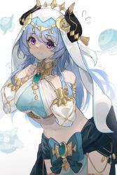 Rule 34 | 1girl, bare shoulders, blue bow, blue hair, blush, bow, breasts, brooch, cosplay, cowboy shot, crop top, detached sleeves, fungi (genshin impact), ganyu (genshin impact), genshin impact, hands on own chest, highres, horns, jewelry, large breasts, long hair, long sleeves, looking at viewer, midriff, navel, nilou (genshin impact), nilou (genshin impact) (cosplay), nose blush, purple eyes, simple background, smile, solo, standing, stomach, veil, very long hair, white background, yamasede neiko