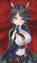 Rule 34 | 1girl, absurdres, ahoge, animal ears, belt, black gloves, black hair, black jacket, black necktie, blue eyes, blush, breasts, brown belt, center frills, center opening, cleavage, closed mouth, commentary request, earrings, frills, fuji kiseki (umamusume), gloves, highres, horse ears, horse girl, horse tail, jacket, jewelry, large breasts, necktie, open clothes, open jacket, parted bangs, red curtains, shirt, short hair, single earring, smile, solo, stage, tail, tsuyusora, umamusume, white shirt