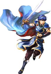 Rule 34 | 1boy, absurdres, armor, blue eyes, blue hair, boots, breastplate, cape, fingerless gloves, fire emblem, fire emblem heroes, full body, gloves, highres, holding, holding sword, holding weapon, male focus, marth (fire emblem), nintendo, official art, open mouth, pauldrons, short hair, shoulder armor, solo, sword, transparent background, weapon, wind, wind lift