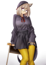 Rule 34 | 1girl, absurdres, animal ear fluff, arknights, beret, breasts, brown hair, casperrin, cowboy shot, desk, fang, glasses, hat, highres, jacket, large breasts, long sleeves, looking at viewer, pantyhose, pleated skirt, puffy long sleeves, puffy sleeves, purple eyes, purple hat, purple jacket, purple shirt, school desk, shirt, skirt, solo, tail, utage (arknights), utage (disguise) (arknights), white background, yellow pantyhose
