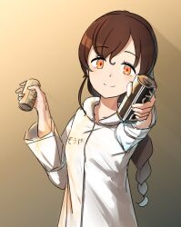 Rule 34 | 1girl, braid, brown background, brown hair, can, canned coffee, drink can, gradient background, highres, holding, holding can, hood, hooded jacket, jacket, kantai collection, long hair, looking at viewer, meru-chan, orange eyes, single braid, smile, solo, souya (kancolle), upper body, white jacket