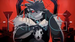 Rule 34 | 1boy, ambiguous red liquid, animal ears, animal nose, belt, colored sclera, commentary request, dog boy, dog ears, fingernails, fur trim, furry, furry male, hair over one eye, hand tattoo, highres, holding, holding skull, king (vocaloid), limited palette, long hair, male focus, ponytail, ponzu tas, red background, red sclera, scar, scar on face, sharp fingernails, sharp teeth, shino (housamo), sitting, skull, solo, tattoo, teeth, throne, tokyo houkago summoners, upper body, vocaloid