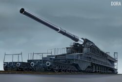 Rule 34 | artillery, cannon, commentary request, crane (machine), english text, grey background, highres, kcme, ladder, military, no humans, original, railing, railroad tracks, railway gun, schwerer gustav, self-propelled artillery, simple background, vehicle focus, vehicle name