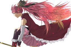 Rule 34 | 10s, 1girl, bad id, bad pixiv id, bare shoulders, boots, detached sleeves, floating hair, gori, hand on own knee, long hair, magical girl, mahou shoujo madoka magica, mahou shoujo madoka magica (anime), polearm, ponytail, profile, red eyes, red hair, sakura kyoko, simple background, solo, thighhighs, weapon