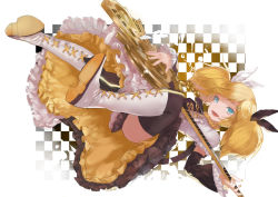 Rule 34 | 1girl, :d, bad id, bad pixiv id, black thighhighs, blonde hair, blue eyes, boots, checkered background, daro (645046276), detached sleeves, holding, instrument, kagamine rin, open mouth, ran (bukeranwu), roshin yuukai (vocaloid), smile, solo, thighhighs, twintails, vocaloid