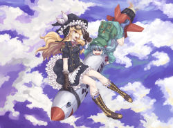 Rule 34 | 2girls, backpack, bag, blue eyes, blue hair, boots, cross-laced footwear, female focus, flight goggles, frills, gloves, hair bobbles, hair ornament, hat, highres, kawashiro nitori, kirisame marisa, lace-up boots, mimi-chan, missile, multiple girls, mumulatte, open mouth, short hair, sidesaddle, sitting, tears, touhou, touhou (pc-98), twintails, two side up, witch, witch hat, yellow eyes, yin yang