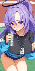 Rule 34 | 1girl, absurdres, black shirt, blue archive, blue buruma, blush, bottle, breasts, buruma, half updo, halo, highres, holding, holding bottle, jacket, jacket partially removed, lanyard, large breasts, looking at viewer, mcbox, official alternate costume, on ground, parted bangs, partially unzipped, ponytail, purple eyes, purple hair, shirt, sitting, smile, solo, star (symbol), star sticker, sticker on face, sweatdrop, track jacket, water bottle, yuuka (blue archive), yuuka (track) (blue archive)