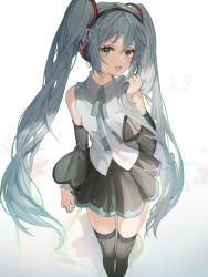 Rule 34 | 1girl, :d, absurdres, black thighhighs, blue eyes, blue hair, blue ribbon, blush, collared shirt, detached sleeves, feet out of frame, grey shirt, hatsune miku, hatsune miku (nt), highres, holding, holding own hair, long hair, long sleeves, looking at viewer, mada (shizhou), miniskirt, neck ribbon, open mouth, ribbon, see-through, shirt, simple background, skirt, smile, solo, standing, thighhighs, twintails, very long hair, vocaloid, white background, zettai ryouiki