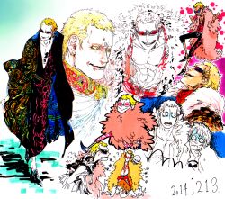 Rule 34 | 1girl, 3boys, aged down, baby 5, bellamy, black kimono, blonde hair, blue eyes, cat, chest tattoo, coat, donquixote doflamingo, earrings, feather coat, fur trim, high collar, japanese clothes, jewelry, kimono, leg hair, mawari28, multicolored clothes, multiple boys, one piece, open clothes, open shirt, partially colored, pink coat, short hair, sunglasses, sweat, tattoo, trafalgar law, variations
