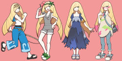 Rule 34 | 1girl, acerola (pokemon), acerola (pokemon) (cosplay), alternate costume, arm behind back, armlet, bag, bare arms, blonde hair, blue pants, collarbone, commentary, cosplay, creatures (company), dress, facepaint, fishing rod, flip-flops, flower, game freak, green eyes, green footwear, grey overalls, hair flower, hair ornament, hair over one eye, hairband, hand on own hip, hand up, highres, holding, holding fishing rod, holding ladle, knees, ladle, lana (pokemon), lana (pokemon) (cosplay), long hair, lusamine (pokemon), mallow (pokemon), mallow (pokemon) (cosplay), mina (pokemon), mina (pokemon) (cosplay), multiple views, nintendo, nutkingcall, one eye closed, open mouth, overalls, oversized clothes, oversized shirt, pants, pink background, pink flower, pokemon, pokemon sm, sandals, shirt, shoes, simple background, sleeveless, sleeveless shirt, smile, stitches, toes, white shirt, yellow hairband