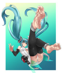 Rule 34 | 1girl, aqua eyes, aqua hair, ass, barefoot, belt, blush, border, breasts, center opening, commentary request, detached sleeves, eiji (eiji), feet, floating hair, foot focus, foreshortening, greek toe, hair between eyes, hatsune miku, hatsune miku (append), highres, long hair, looking at viewer, medium breasts, nail polish, navel, necktie, smile, solo, thighhighs, toenail polish, toenails, toes, twintails, underboob, vocaloid, vocaloid append, white border