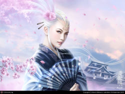 Rule 34 | architecture, bad cgsociety id, bad id, blue eyes, castle, cherry blossoms, cloud, crane clan, east asian architecture, flower, hair ornament, hairpin, hand fan, japanese clothes, kakita taminoko, kimono, legend of the five rings, mario wibisono, markings, petals, realistic, sky, solo, white hair