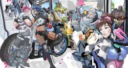 Rule 34 | 4girls, 6+boys, absurdres, alcohol, angry, armor, armored boots, bald, bamashengze, bare shoulders, beard, beer, blue hair, bodysuit, boots, braid, breasts, brown hair, cellphone, cheek poking, combat knife, commentary, cup, cyborg, d.va (overwatch), dark-skinned male, dark skin, doomfist (overwatch), elbow pads, english commentary, escalator, facial hair, facial mark, gas mask, glasses, gorilla, hammond (overwatch), hands on own thighs, high ponytail, highres, holding, holding cup, holding phone, holding weapon, indoors, junker queen (overwatch), knife, large breasts, lip piercing, long hair, looking at another, mask, mohawk, motor vehicle, motorcycle, multiple boys, multiple girls, muscular, muscular female, old, old man, omnic, orisa (overwatch), overwatch, overwatch 2, phone, piercing, pilot suit, pink hair, poking, power fist, reinhardt (overwatch), roadhog (overwatch), robot, scar, scar across eye, selfie, short hair, side braid, sigma (overwatch), smartphone, torn clothes, very dark skin, waving, weapon, whisker markings, white hair, winston (overwatch), zarya (overwatch)